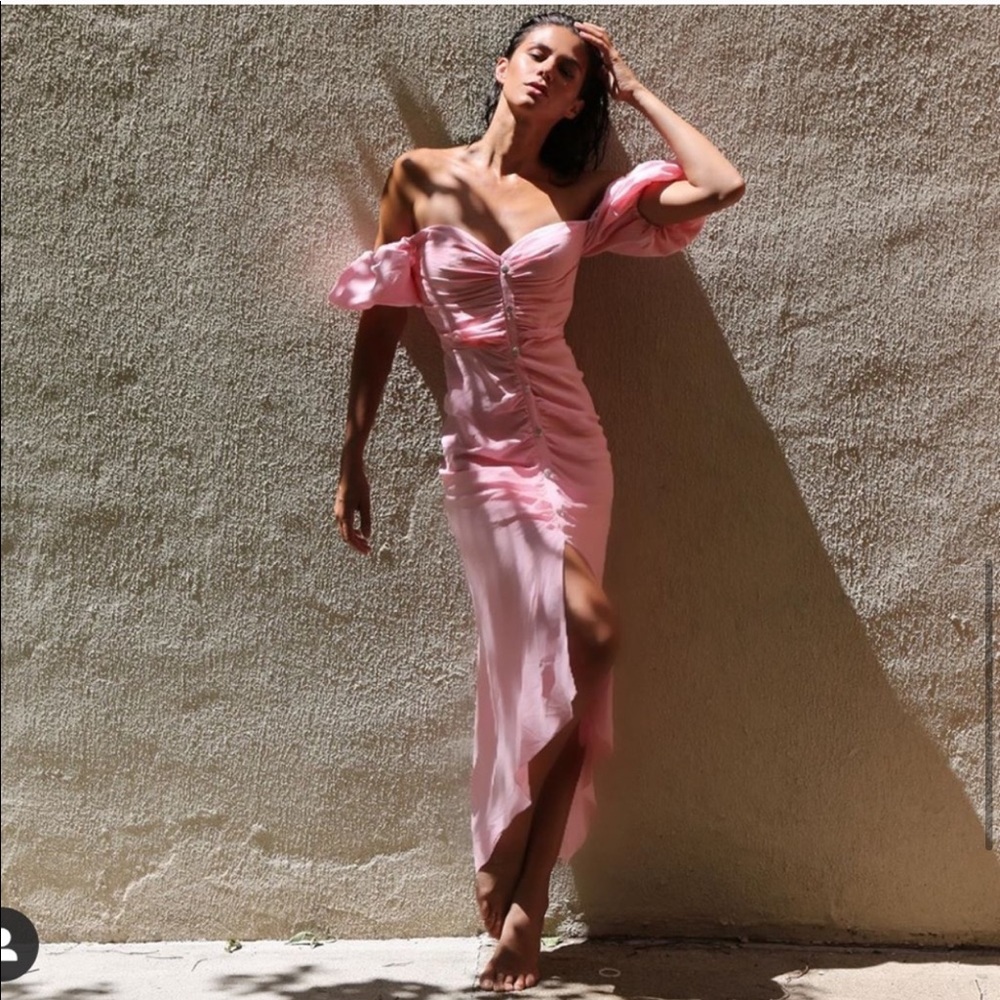 RONNY KOBO STEVIE PINK RUCHED MIDI DRESS SMALL NEW